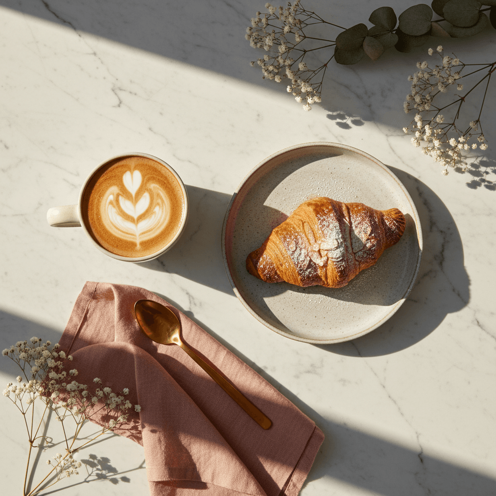 Flat-lay coffee and pastry styled for photography
