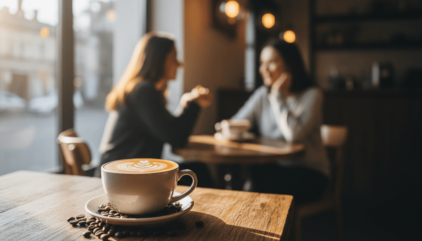 Beautifully crafted latte with latte art on wooden table in cozy cafe setting