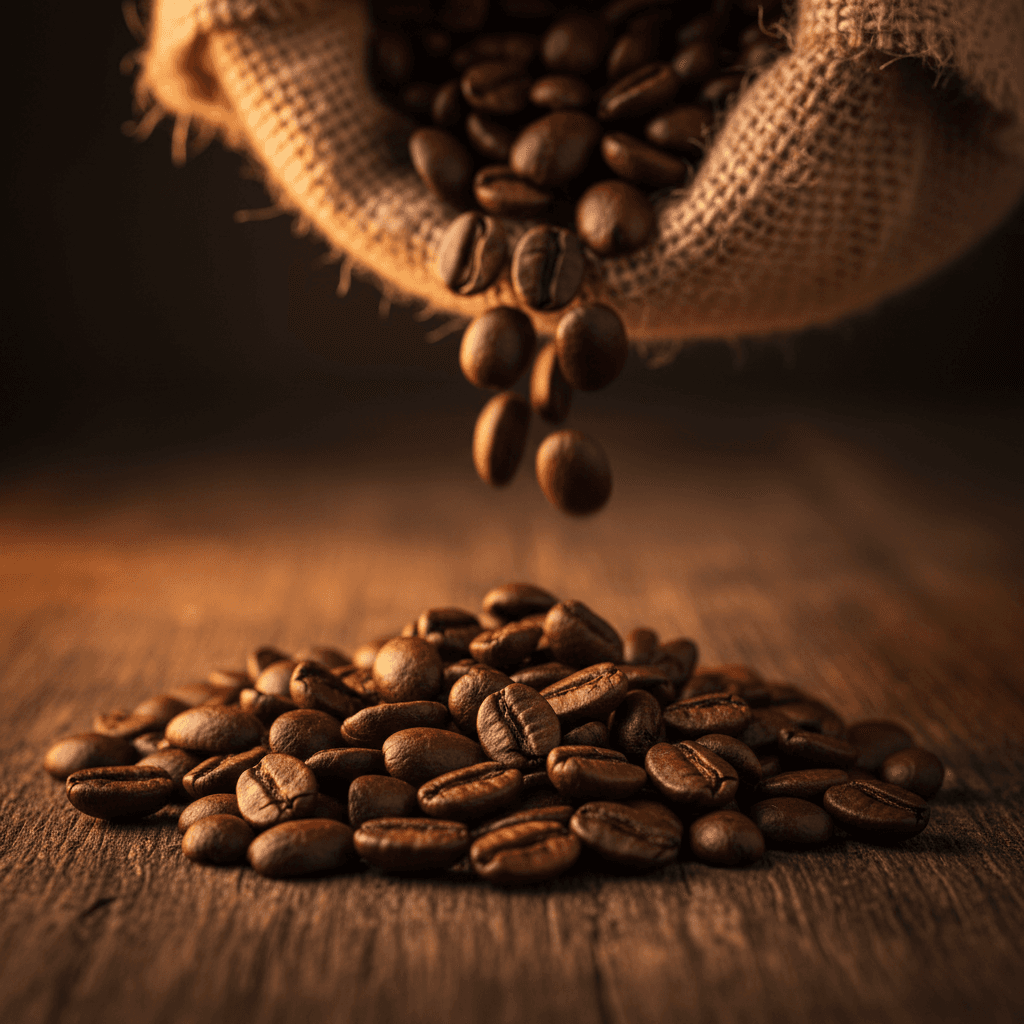 Premium roasted coffee beans in burlap pouch