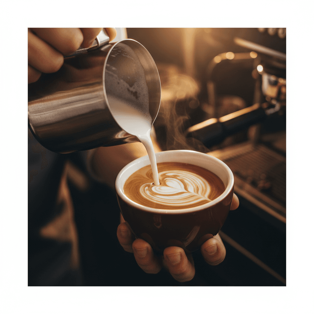 Barista pouring latte art into ceramic cup