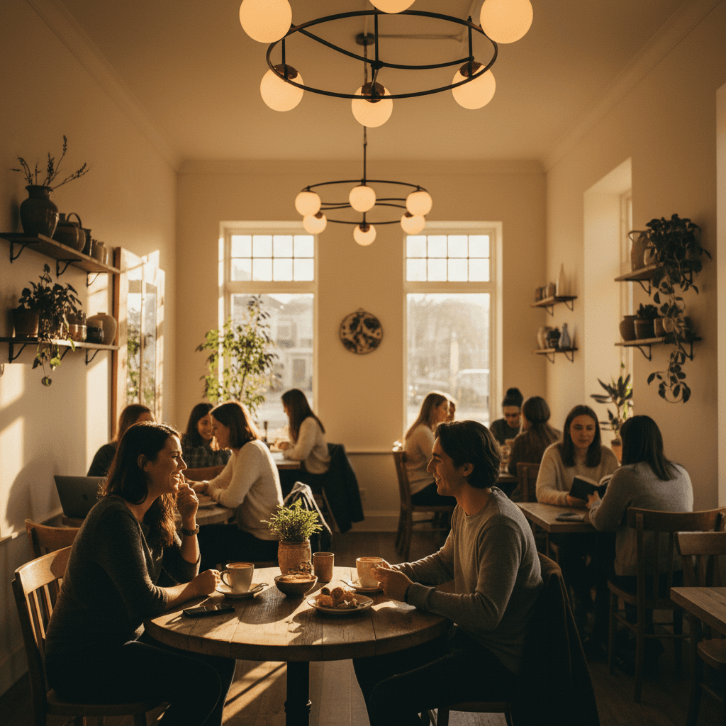 Vibrant cafe ambiance with engaged customers