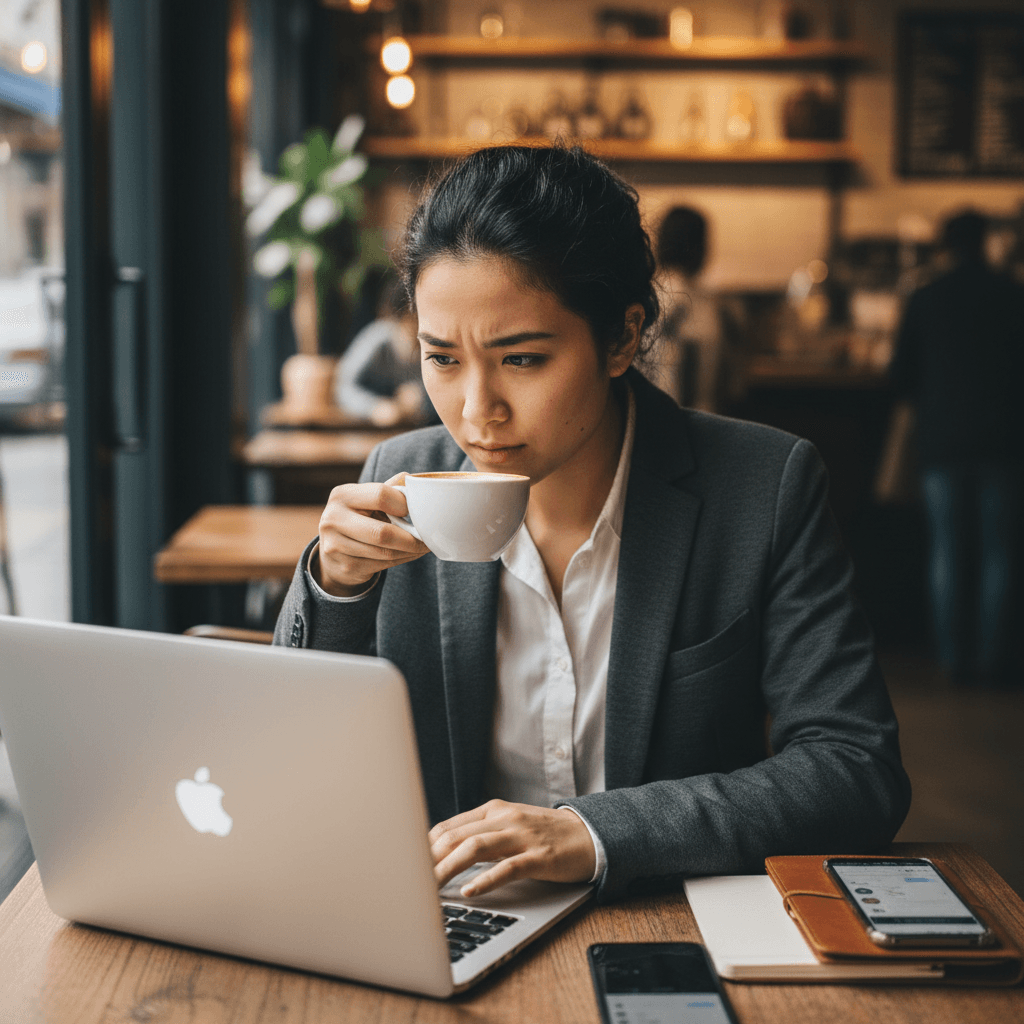 Young professional working with coffee at cafe table