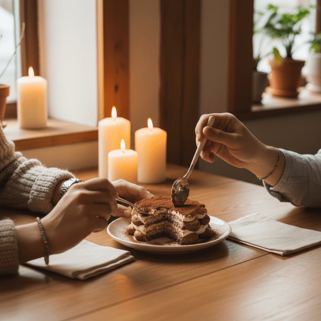 Couple sharing dessert at the cafe