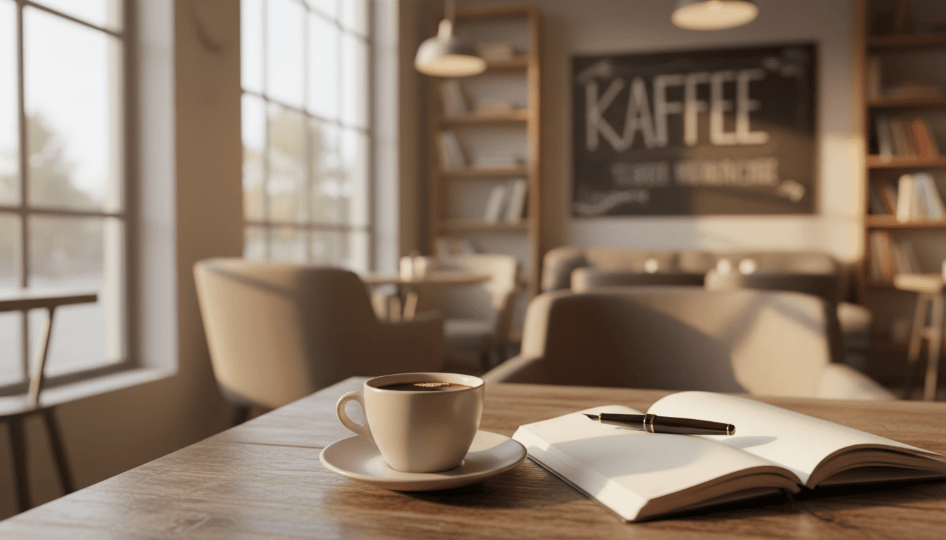 Warm sunlit corner of The kaffee cafe with coffee cup on wooden table