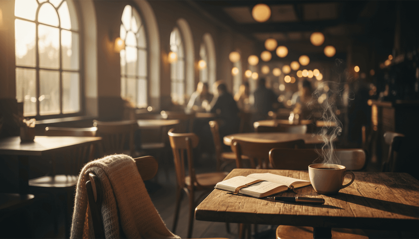 A steaming coffee cup beside an open notebook on a wooden table in a warm, intimate cafe setting with golden lighting