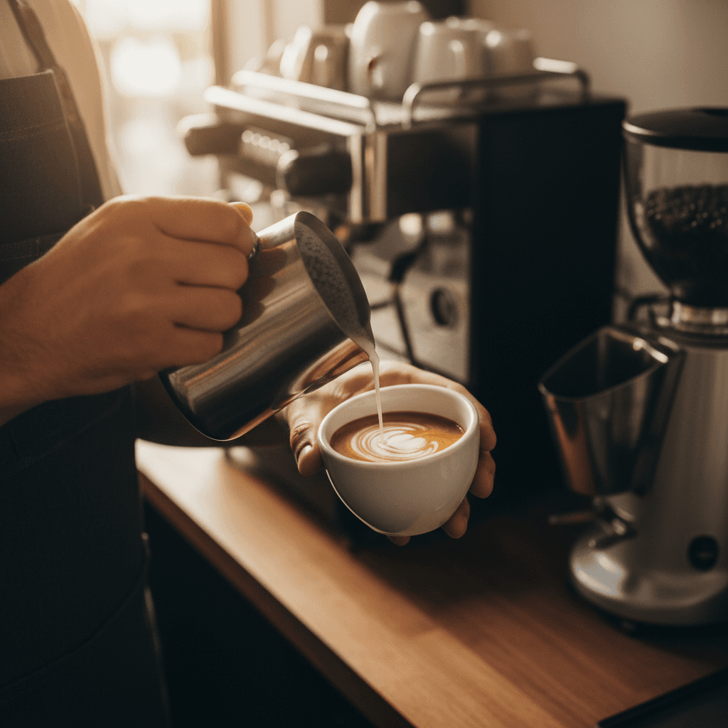 Barista pouring latte art in The Kaffee