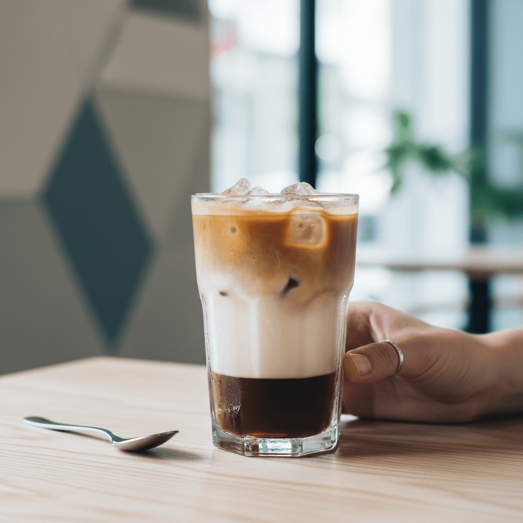 Iced coffee in clear glass with layers