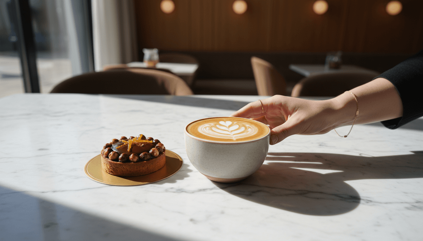 A carefully crafted latte with latte art on a marble table at a premium cafe, with a pastry nearby and soft natural lighting